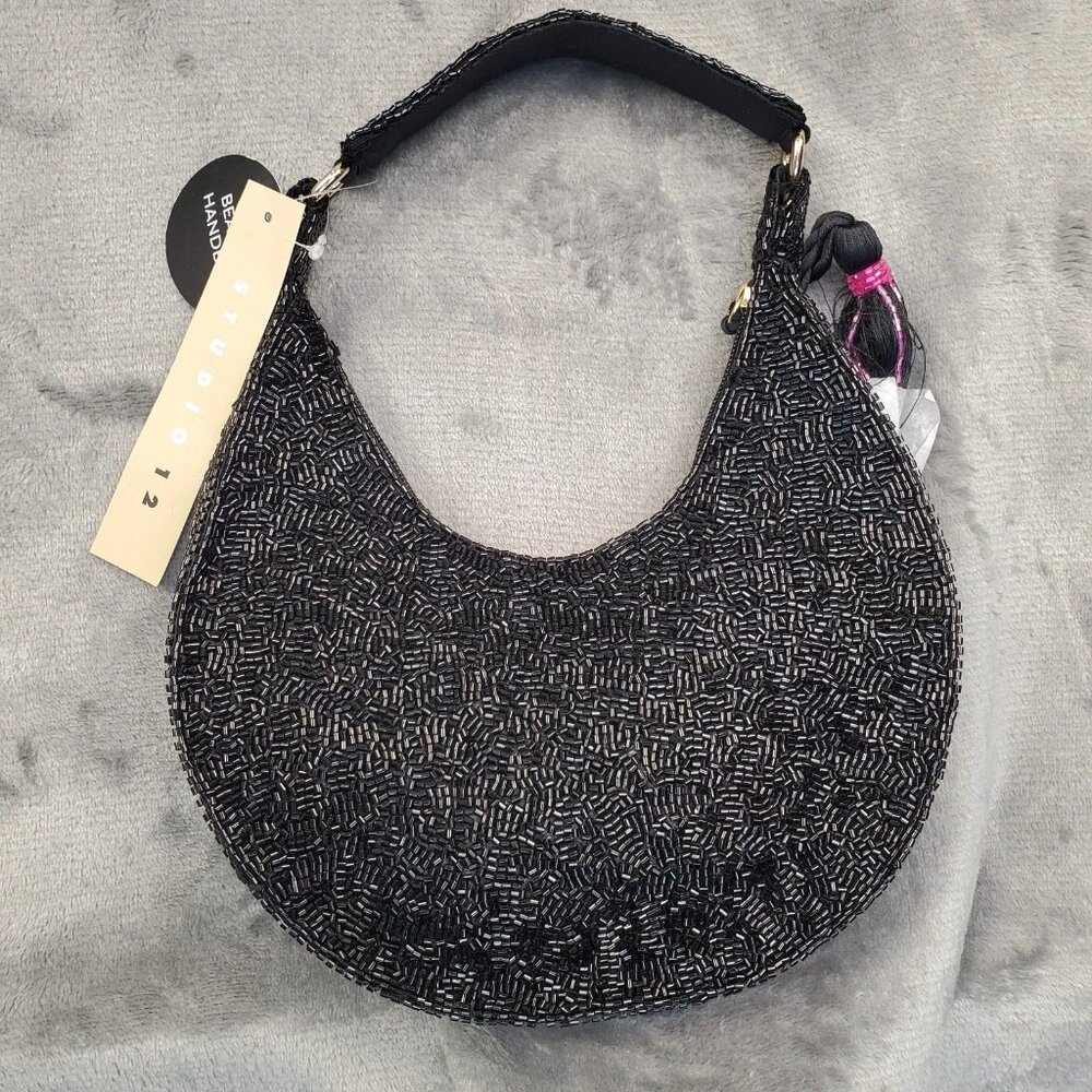 Made In India Floral Beaded Embellished Shoulder Bag Black Multi NWT Viral Boho - Picture 2 of 16